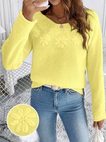 Chiquease 圆领纯色长袖基本款套头衫、休闲装、长袖上衣 - 芥末黃 - 查看 1