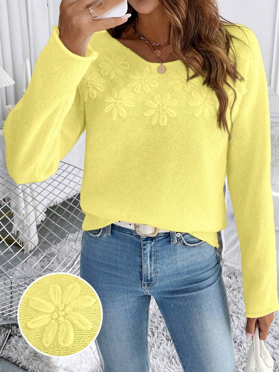 Chiquease 圆领纯色长袖基本款套头衫、休闲装、长袖上衣 - 芥末黃 - 查看 1