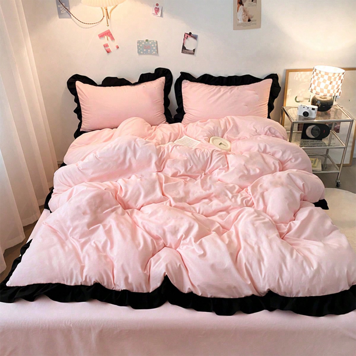 Juego de ropa de cama de 3 piezas para dormitorio estilo rosa, que incluye 1 funda de edredón y 2 fundas de almohada, diseño floral de encaje ultras