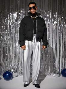 Manfinity VCAY 男士时尚休闲日常奢华修身 PU 皮革饰边加厚外套，派对时尚黑色绗缝冬季外套，适合朋友、丈夫、男朋友的礼物 - 黑色 - 查看 4