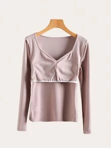 SHEIN BASICS Casual Solid Color Knit Long Sleeve Sweetheart Neck Fitted Women T-Shirt - Apricot - View 3