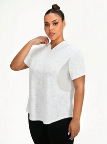 Plus Size Floral Contrast Mesh Splice Hoodie