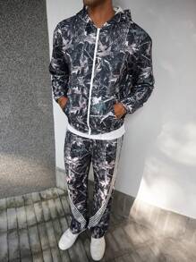 Manfinity EMRG Men's Autumn Casual Sports Leaf Print Zip-Up Hoodie And Sweatpants 2 Pieces Set