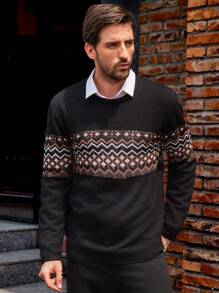 Manfinity Homme Áo len chui đầu dài tay cổ tròn in họa tiết hình học nhiều màu sắc cho nam, đi chơi, chồng - màu đen - Xem 5