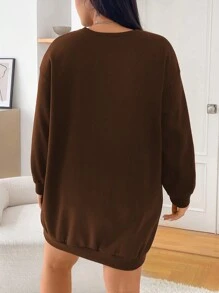 SHEIN EZwear Plus Size Minimalist Black Sweatshirt Dress, For Winter - Brown - View 2