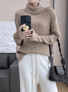 SHEIN Unity 新款欧美风休闲时尚高领舒适修身套头毛衣套装，秋冬针织套头衫 - 彩色 - 查看 3
