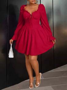 Rometta Lady's Red Christmas New Year Long-Sleeved Dress With Ruffled Decoration - Red - View 7