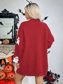 SHEIN Unity 女士冬季可爱鬼魂印花前开襟万圣节开衫 - 紅色 - 查看 2