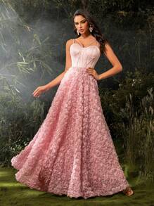 玫瑰花瓣设计无袖高低腰连衣裙、派对礼服、婚礼宾客礼服、正式礼服、晚礼服、长袍 - 粉色 - 查看 1