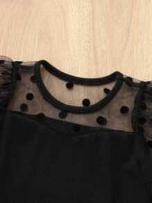 SHEIN Baby Girl Long Sleeve Polka Dot Mesh Contrast Knitted Bodysuit - Black - View 4