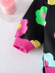 SHEIN Bộ 2 món áo nỉ hở vai in họa tiết hoa nhiều màu sắc cho bé gái và quần legging bó màu tương phản - màu đen - Xem 5