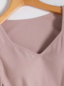 SHEIN BASICS Casual Solid Color Knit Long Sleeve Sweetheart Neck Fitted Women T-Shirt - Apricot - View 6