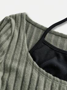 SHEIN Girlism Tween 女童简约舒适拼色挂脖长袖 T 恤 - 綠色 - 查看 4