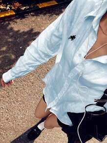 INAWLY Women's Shoulder Drop Knight Pattern Long Sleeve Casual Shirt, Spring/Fall,Long Sleeve Tops - Baby Blue - View 2