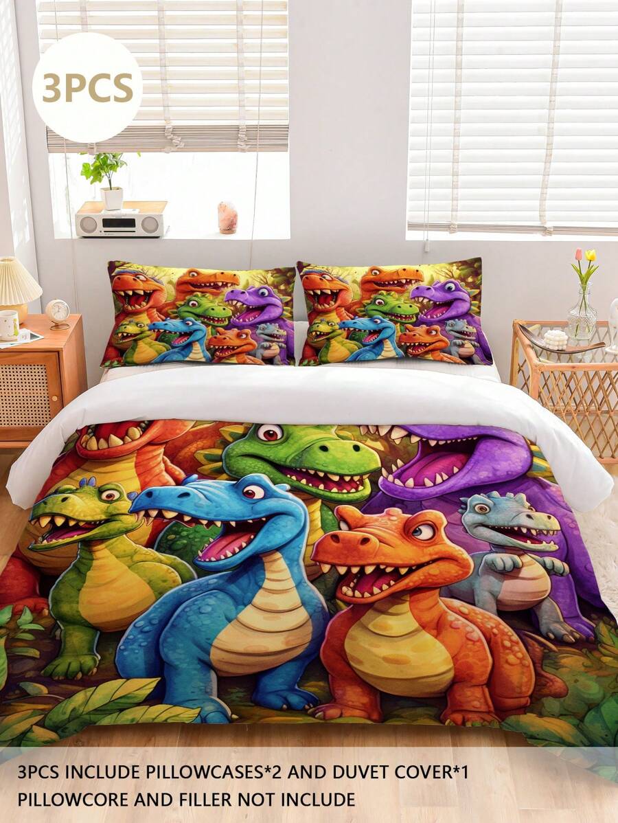 Bộ đồ giường khủng long nhiều màu sắc 3 món, sản phẩm đồ giường thoải mái bao gồm 1 vỏ chăn + 2 vỏ gối, làm bằng vải sợi polyester 100% mềm mại, thích hợp cho phòng ngủ và ký túc xá thanh thiếu niên hoặc du lịch - Nhiều màu - Xem 1