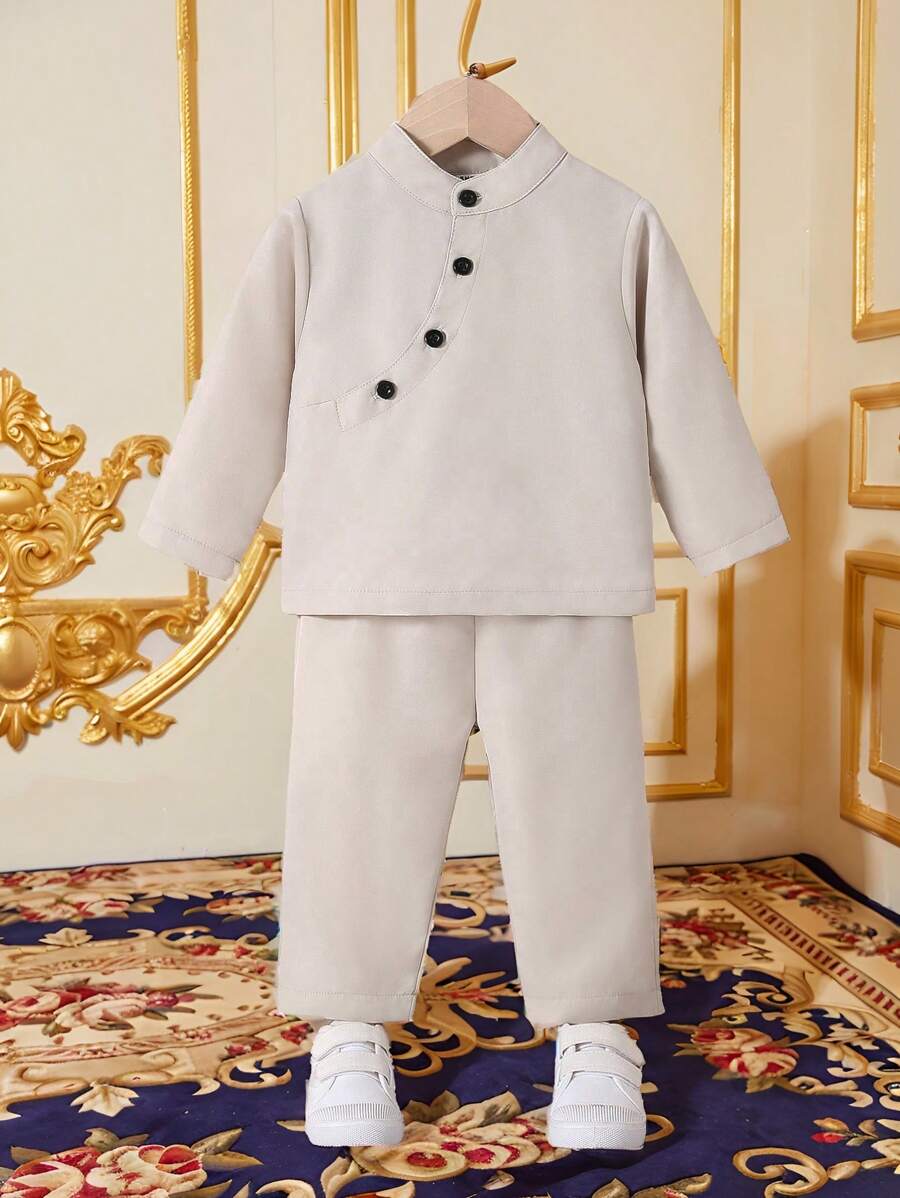 男婴休闲装，柔软透气浅色中式斜襟纽扣设计衬衫，可调节腰部裤子