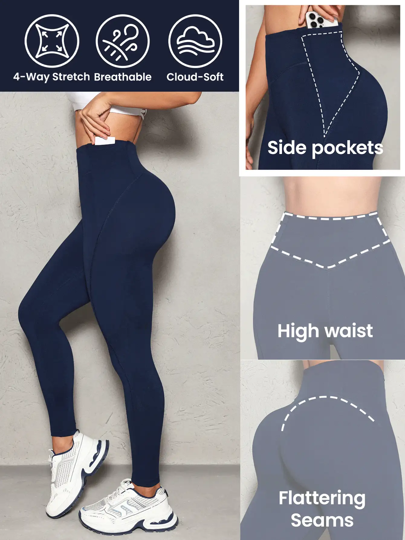 Lifespree Solid Color High Waist Seamless Leggings - Navy Blue - View 3