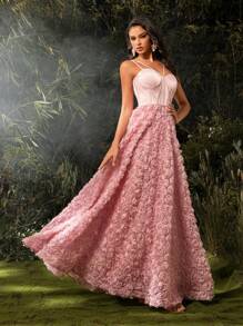 玫瑰花瓣设计无袖高低腰连衣裙、派对礼服、婚礼宾客礼服、正式礼服、晚礼服、长袍 - 粉色 - 查看 5
