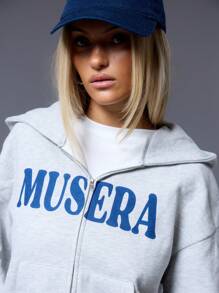 MUSERA Cropped Letter Zip Up Hoodie - Light Grey - View 5