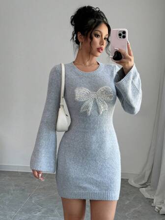 Rafferiza 蝴蝶结领优雅长袖毛衣连衣裙