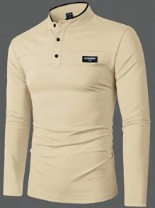 Manfinity Homme 男士休闲字母印花长袖 Polo 衫，适合通勤、秋季 - 杏色 - 查看 4