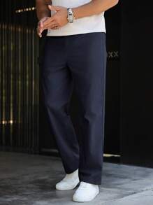 Manfinity Homme 男士简约前扣口袋休闲长裤，日常穿着，秋季 - 藏蓝色 - 查看 3