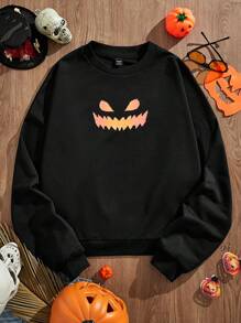Manfinity VCAY Men Casual Loose Knitted Long Sleeve Halloween Graphic Pullover Sweatshirt, For Fall Winter - Black - View 1