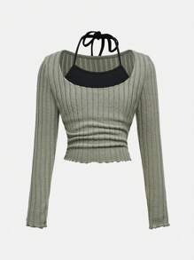 SHEIN Girlism Tween 女童简约舒适拼色挂脖长袖 T 恤 - 綠色 - 查看 1