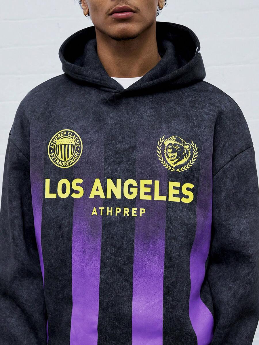 Manfinity VCAY Men's Loose Fit English Graphic Print Hooded Sweater, For Fall Winter - Dark Grey - View 1