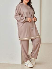 Mulvari Middle East Style Plus Size Contrast Color Trim Hooded Long Sleeve Top And Long Pants Casual 2 Pieces Set 2 Pieces Set