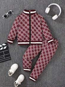 SHEIN Bộ áo len cardigan in chữ thanh lịch dành cho bé trai ngoài trời - Màu Đỏ Sâu - Xem 1