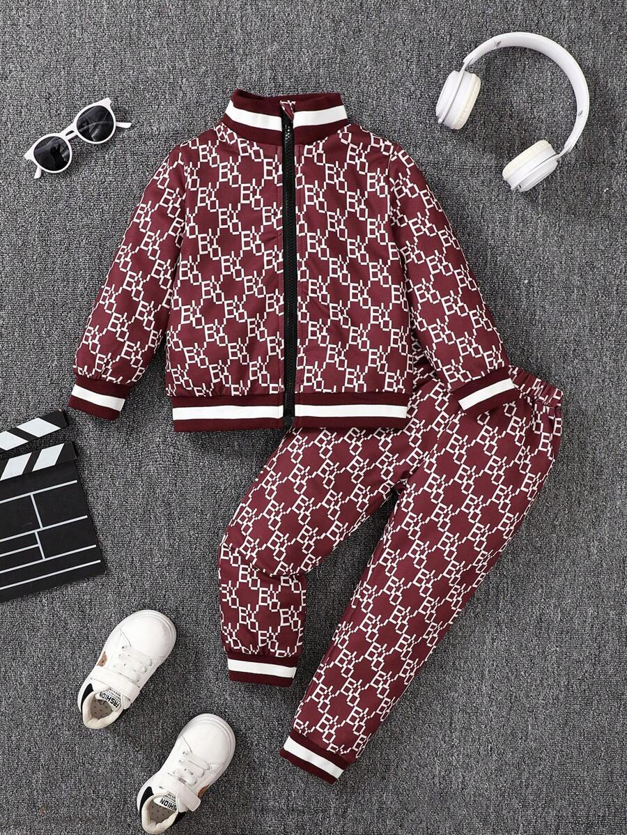 SHEIN Bộ áo len cardigan in chữ thanh lịch dành cho bé trai ngoài trời - Màu Đỏ Sâu - Xem 1