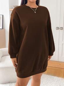 SHEIN EZwear Plus Size Minimalist Black Sweatshirt Dress, For Winter - Brown - View 6