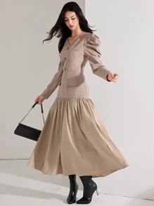 Modelyn 1pc Women's Elegant Contrast Color Block Gigot Sleeve Dress, Autumn Long Evening Dresses