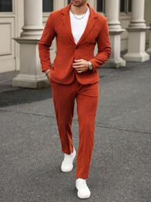 Manfinity Mode 2pcs Men's Plain Stand Collar Long Sleeve Blazer And Pants Casual Suit Set, Spring Autumn