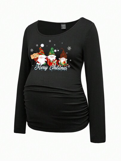SHEIN Christmas Costumes Casual Cute Santa's Elves Print Loose Fit Long Sleeve Regular Pregnant Women T-Shirt, Autumn/Winter, Cotton
