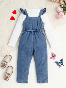 女童休闲宽松玫瑰红色爱心印花牛仔连体裤 - 中等水洗藍 - 查看 2