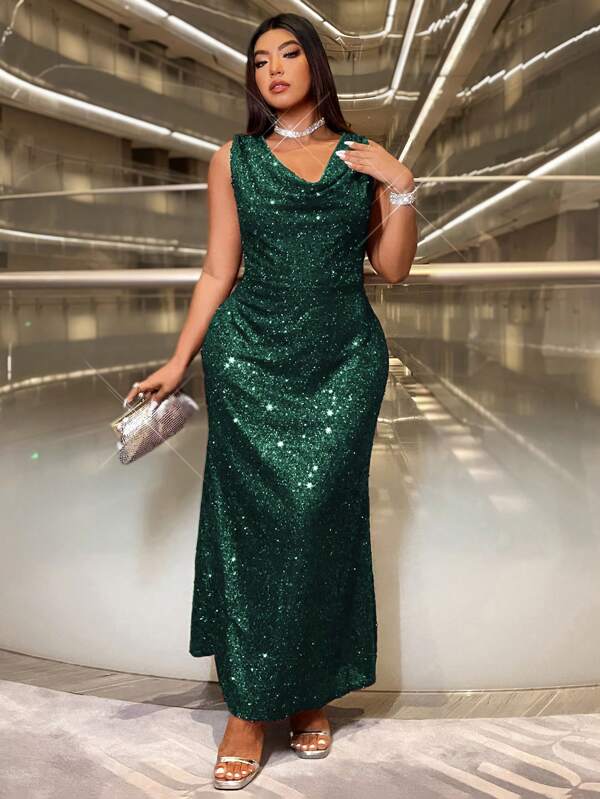 SHEIN Belle Rochie Femei Dimensiuni Plus Fara Maneci Gât Drapat Glitter, Eleganta Pentru Vacanta Rochie Paiete Tinuta Femei