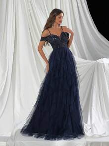 QOQ 女神优雅蓝色拼接网眼露肩女士礼服，适合舞会、鸡尾酒会和派对 - 寶藍色 - 查看 5