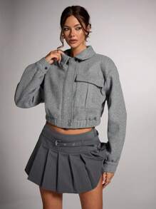 SHEIN BAE Áo khoác nữ dáng ngắn, màu trơn, có túi gập, vai rớt, dáng rộng, màu xám, dày dặn, ấm áp, thích hợp cho mùa đông, Lễ Tạ ơn và Halloween. - Xám - Xem 3