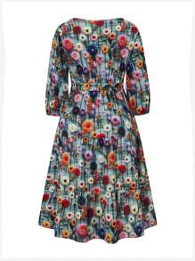 SHEIN LUNE 圆领 3/4 袖 A 字形花卉印花优雅浪漫大码女式派对连衣裙 - 彩色 - 查看 2