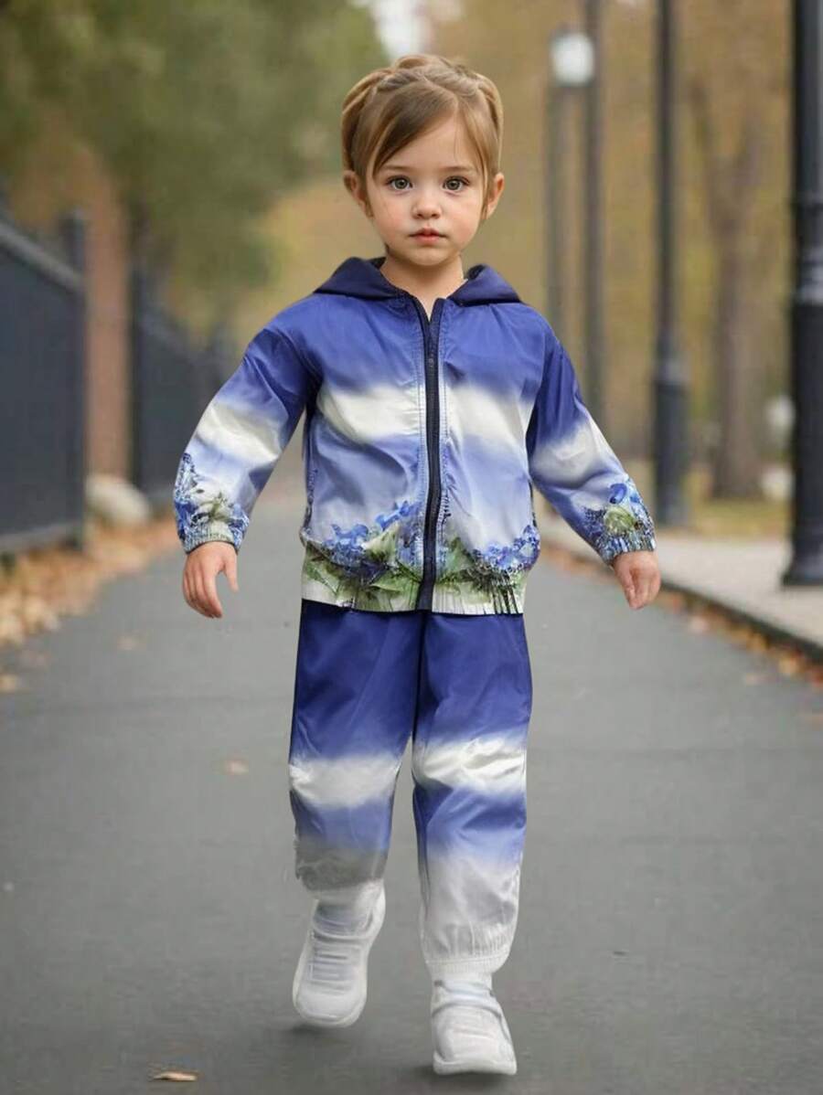 2pcs/Set Young Girl Autumn Winter Fashion Floral Print Blue White Gradient Tie Dye Hooded Cardigan Jacket & Loose Fit Long Sports Pants - Purple - View 1