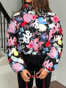 SHEIN EZwear Women's Winter Fashion Graffiti Printed Padded Coat