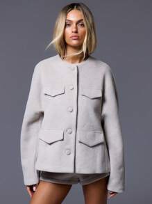 MUSERA Round Neck Flap Detail Coat  , Summer, Cute Classy Occasion Summer Holiday Winter Evening - Grey - View 1