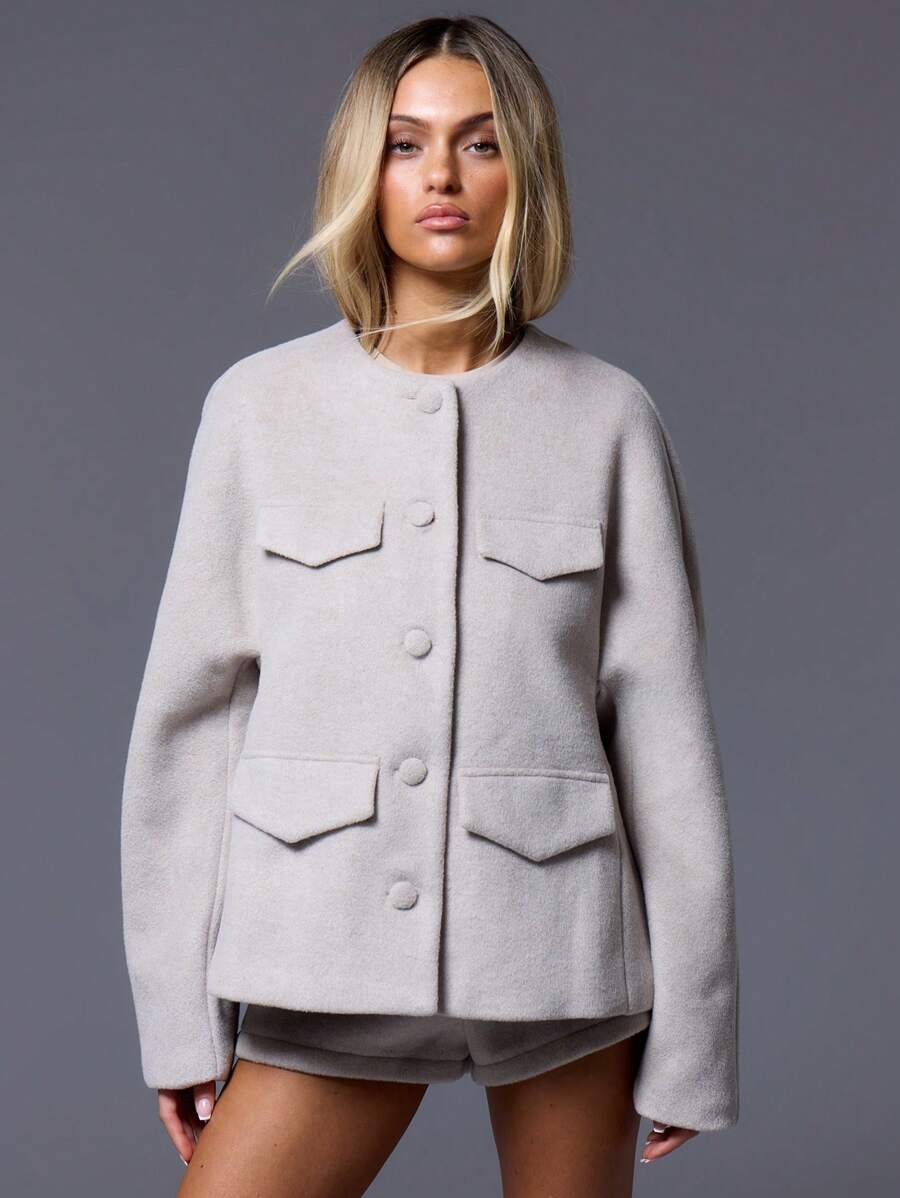 MUSERA Round Neck Flap Detail Coat  , Summer, Cute Classy Occasion Summer Holiday Winter Evening - Grey - View 1