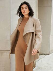 SHEIN Privé 法式时尚优雅商务专业风格缺口领系带长袖常规版型风衣 - 卡其色 - 查看 5