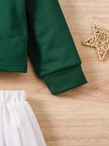 SHEIN 2 件套女童黑色字母印花领运动衫和白色褶皱迷你裙，时尚可爱的春/秋/冬装 - 墨綠色 - 查看 5