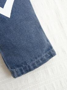 女童休闲宽松玫瑰红色爱心印花牛仔连体裤 - 中等水洗藍 - 查看 5