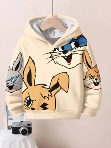 SHEIN 男婴休闲简约兔子图案宽松保暖连帽卫衣，适合秋冬季 - 杏色 - 查看 2
