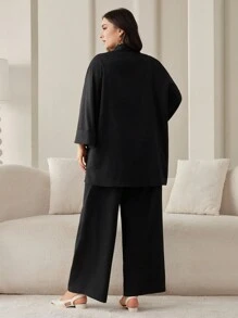Mulvari Plus Size Solid Color Single Breasted Long Sleeve Blazer And Trousers Suit - Black - View 2